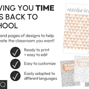 May include: A printable teacher planner with a pink and white heart pattern. The planner cover says "Charlie Thomas Teacher Planner" and "2022-23". The planner is designed to help teachers save time and create a classroom they love. The planner is easy to print, edit, and customize. It can also be adapted to different languages.