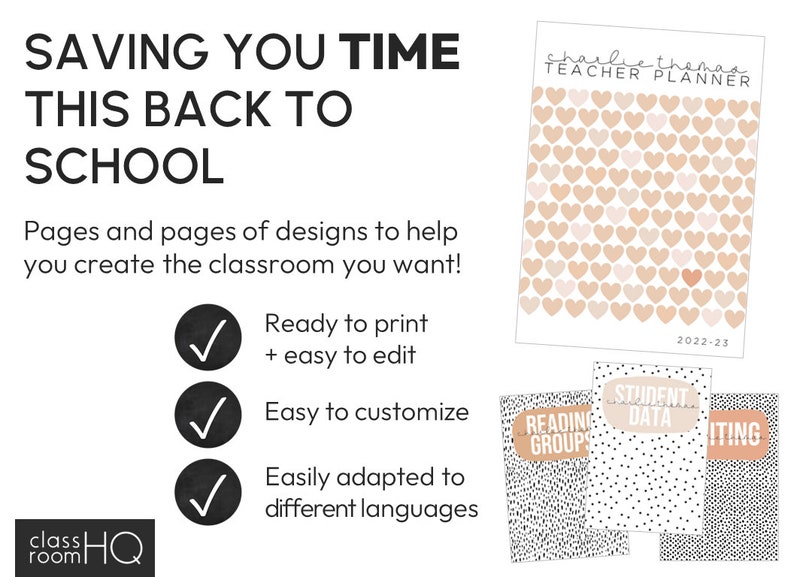 May include: A printable teacher planner with a pink and white heart pattern. The planner cover says "Charlie Thomas Teacher Planner" and "2022-23". The planner is designed to help teachers save time and create a classroom they love. The planner is easy to print, edit, and customize. It can also be adapted to different languages.