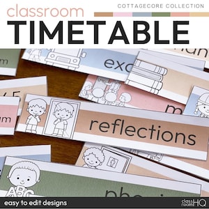 Op de afbeelding: Een verzameling klasroosterkaarten met het woord "TIMETABLE" bovenaan. De kaarten bevatten illustraties van kinderen en diverse schoolgerelateerde activiteiten. De tekst "reflections" is zichtbaar op één kaart, en "easy to edit designs" staat onderaan.