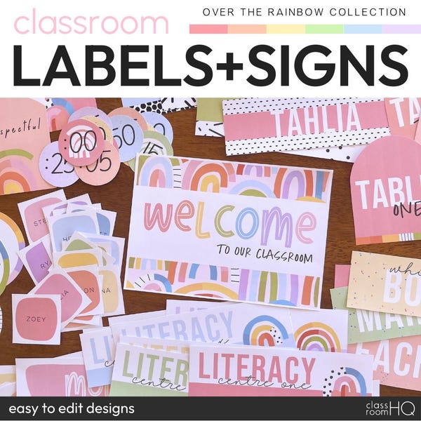 Pack modifiable d'étiquettes de fournitures scolaires, de panneaux et d'affiches | AU-DESSUS DE L'ARC-EN-CIEL Décoration de salle de classe | Thème arc-en-ciel moderne pastel