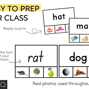 May include: A printable set of flashcards with real photos for teaching children the words "hat", "map", "rat", and "dog". The text "Easy to prep for class" and "Ready to print" is included on the page.