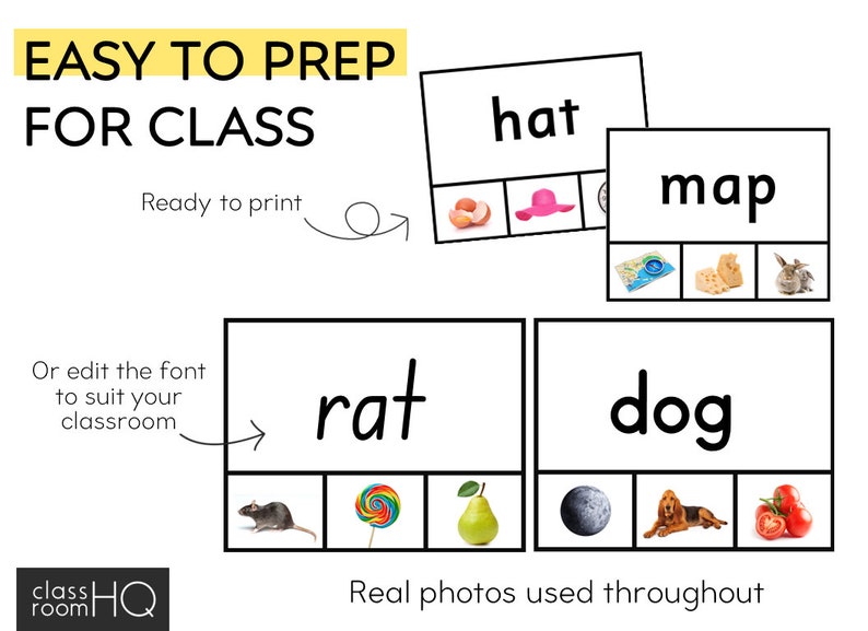 May include: A printable set of flashcards with real photos for teaching children the words "hat", "map", "rat", and "dog". The text "Easy to prep for class" and "Ready to print" is included on the page.
