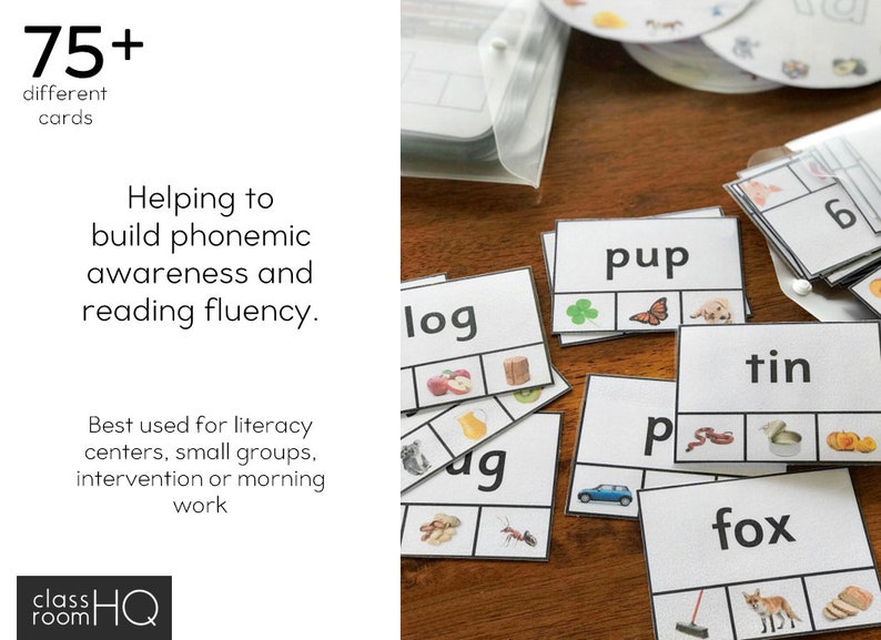May include: A set of 75+ educational flash cards for building phonemic awareness and reading fluency. The cards feature words like "pup", "log", "tin", "fox", and "ag" with corresponding pictures. The cards are designed for literacy centers, small groups, intervention, or morning work.