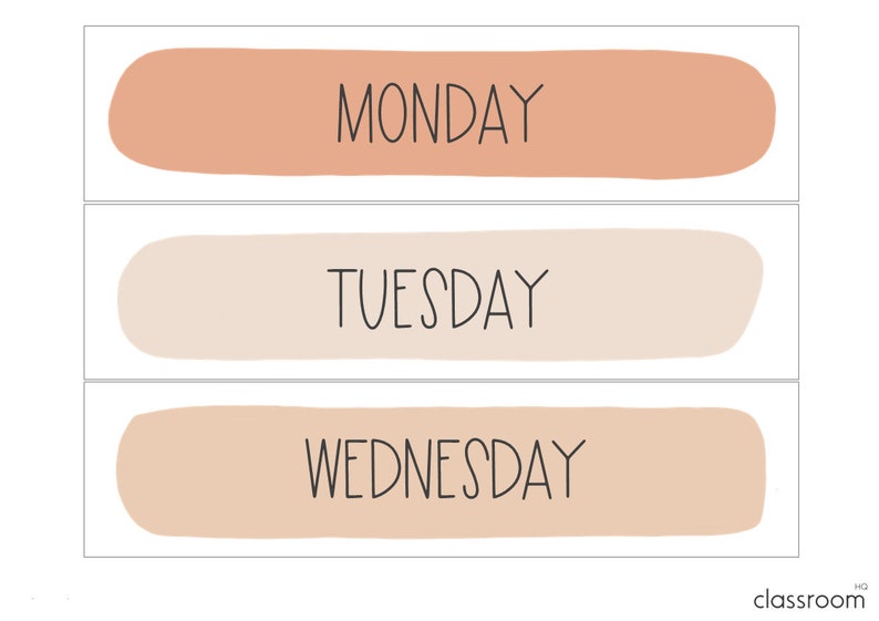 May include: Three beige and brown rectangular labels with the days of the week written in black text: Monday, Tuesday, and Wednesday.