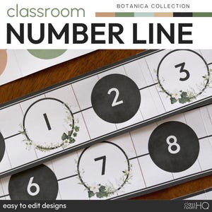 May include: A classroom number line with the text "NUMBER LINE" at the top. The number line features black circles with white numbers 1, 2, 3, 6, 7, and 8. Each circle is decorated with a floral wreath. The design is part of the "BOTANICA COLLECTION".