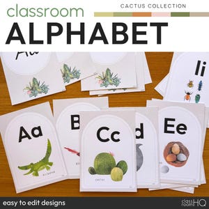 Bearbeitbare Alphabet-Poster | KAKTUS Klassenzimmer Dekor | Natürliches, erdiges, ruhiges Klassenzimmer-Thema