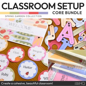 Paquete de decoración editable para el aula / Tema moderno de jardín de primavera en tonos pastel / Paquete básico de configuración para el aula