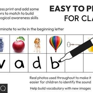 May include: A printable worksheet with images of a vase, apple, puppy, hot air balloon, key, and a pitcher of juice. The worksheet is designed to help children learn the sounds of the letters v, a, d, and b. The text "EASY TO PREP FOR CLASS" is at the top of the worksheet. The text "Real photos used throughout to make it easier for children to identify the sound" is at the bottom of the worksheet.