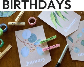 Exhibición editable de cumpleaños de clase con temática de eucalipto australiano, decoración de aula con hojas de goma