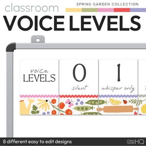 Peut inclure: Tableau de niveaux de voix pour la classe sur le thème du jardin printanier. Le tableau comporte quatre cartes avec les numéros 0, 1, 2 et 3. Chaque carte a une couleur différente et une illustration de jardin différente. Le texte sur les cartes indique "niveaux de voix", "silence", "chuchotement uniquement", "discussion de table" et "voix intérieures".