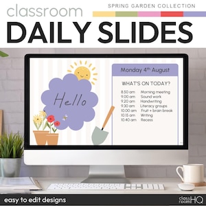 Editable Daily Slides Classroom Digital Templates | SPRING GARDEN | Morning Routine + Timers  Classroom Management | Pastel Classroom Decor