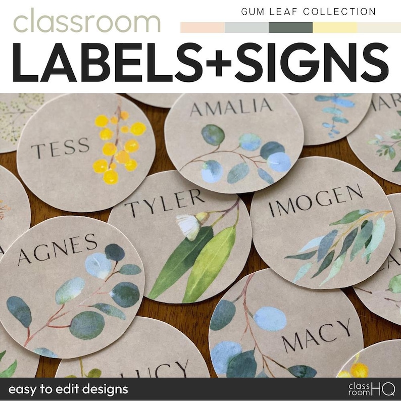 Australian Eucalyptus Natural Theme Editable Classroom Labels + Signs Pack  GUM LEAF Classroom Decor