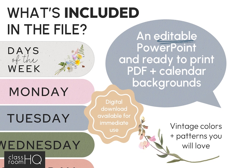 Vintage Cozy Natural Theme Classroom Decor Editable Large Classroom Calendar | COTTAGECORE Collection