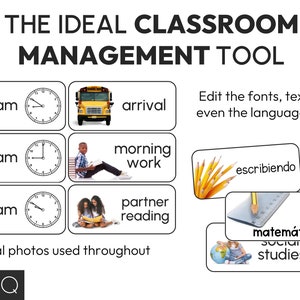 May include: A classroom management tool with a yellow school bus, a clock, and a student reading a book. The tool includes a schedule for the day, with times for arrival, morning work, and partner reading. The text "real photos used throughout" is at the bottom of the image.