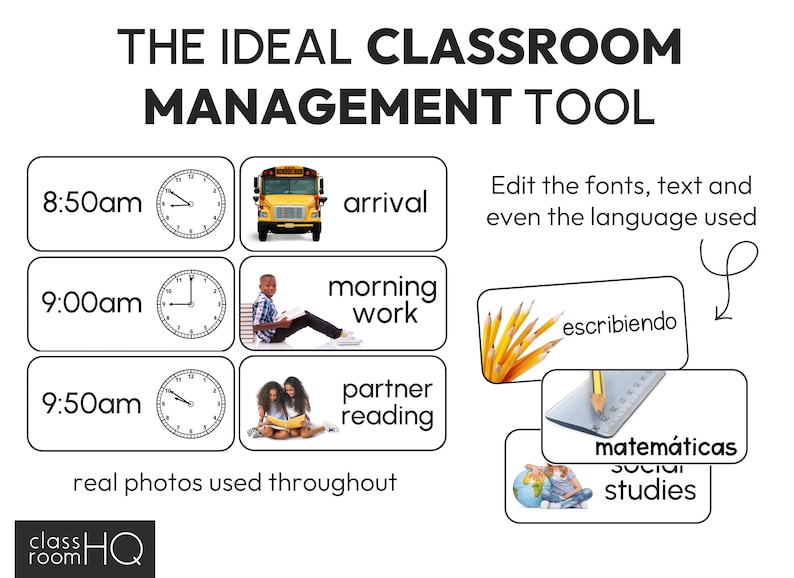 May include: A classroom management tool with a yellow school bus, a clock, and a student reading a book. The tool includes a schedule for the day, with times for arrival, morning work, and partner reading. The text "real photos used throughout" is at the bottom of the image.