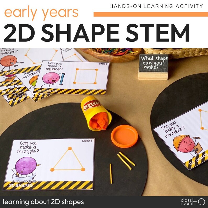 May include: A hands-on learning activity for early years using 2D shapes. The activity includes cards with different shapes, such as a square, triangle, rectangle, hexagon, and rhombus. The cards have instructions for children to make the shapes using playdough and sticks.