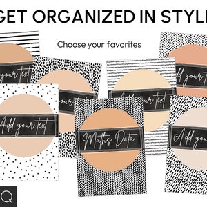 May include: Set of printable classroom organization labels with black and white geometric patterns and a peach-colored circle in the center. Each label has the text "Add your text" or "Maths Data" in black.
