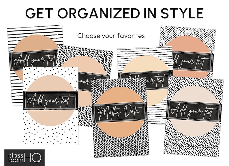 May include: Set of printable classroom organization labels with black and white geometric patterns and a peach-colored circle in the center. Each label has the text "Add your text" or "Maths Data" in black.