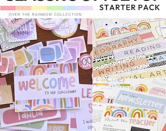 Rainbow Classroom Decor Starter Pack Editable | Classroom Setup Bundle | Teacher Organisation Kit | Pastel Rainbow Theme | OVER THE RAINBOW