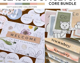 May include: A classroom setup bundle with the text "CLASSROOM SETUP CORE BUNDLE" and "COTTAGECORE COLLECTION". The image includes name tags, welcome sign, alphabet cards, and daily schedule cards. The text "WELCOME TO OUR CLASSROOM" is visible.