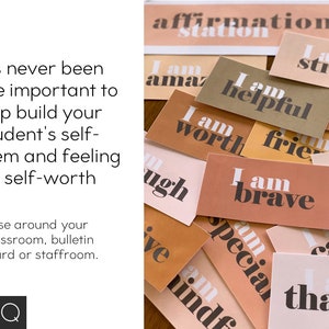 May include: A collection of affirmation cards with positive messages like "I am strong", "I am brave", and "I am helpful". The cards are printed on brown and beige paper with white text. The cards are arranged in a pile with the text facing up.