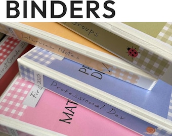 May include: A stack of classroom binders with various designs and labels. The binders are in shades of pink, blue, and yellow, with gingham and floral patterns. Labels include "Interview Notes" and "Professional Dev."