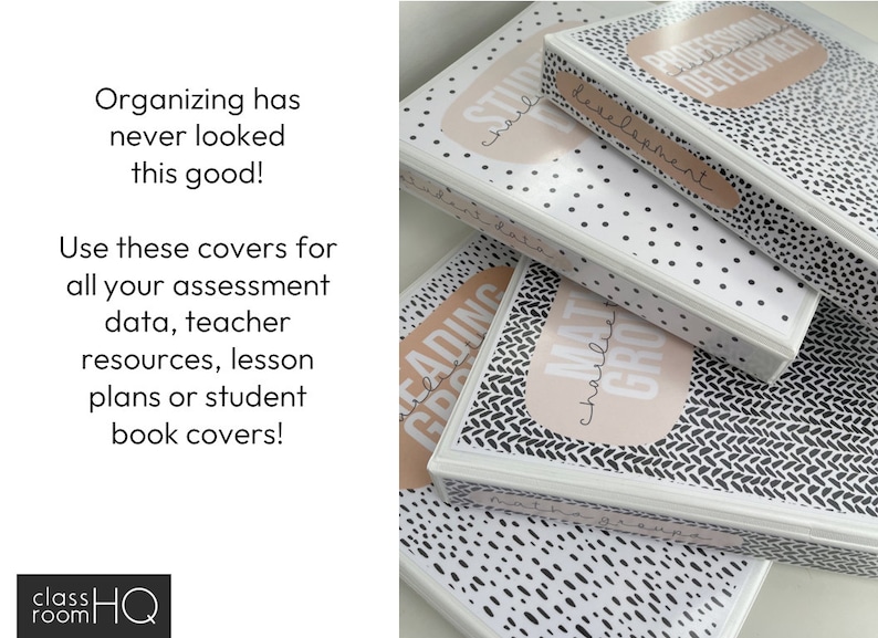 May include: Four white binders with black and white patterned covers. The covers have different titles, including "Reading Growth", "Math Growth", "Student Data", and "Professional Development".