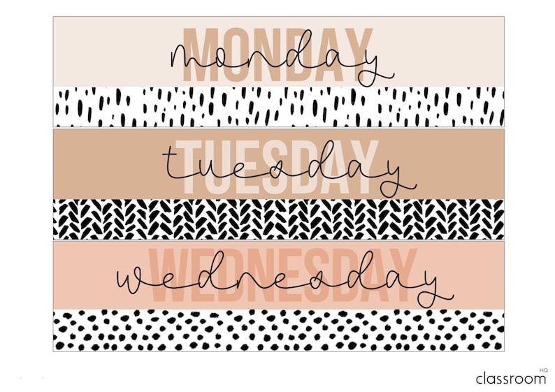May include: Set of four printable classroom banners with days of the week, Monday, Tuesday, Wednesday, and Thursday, in a modern, minimalist style with black and white geometric patterns.