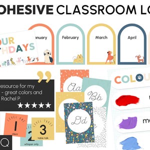 May include: A collection of classroom decor featuring dog illustrations. Includes monthly calendar cards, alphabet cards, color charts with Spanish translations, and a birthday display. The text "A Cohesive Classroom Look" is at the top.