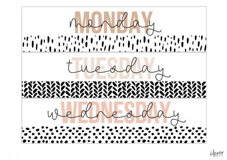 May include: Three printable labels with black and white patterns and the words "Monday", "Tuesday", and "Wednesday" in a peach color.