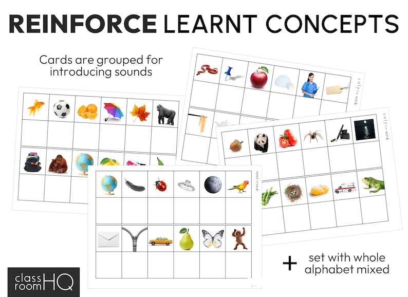 May include: A set of printable flashcards for teaching early literacy skills. The cards feature images of various objects, such as a soccer ball, a ladybug, a pear, and a butterfly. The text "REINFORCE LEARNT CONCEPTS" and "Cards are grouped for introducing sounds" is visible at the top of the image. The text "set with whole alphabet mixed" is visible at the bottom of the image.