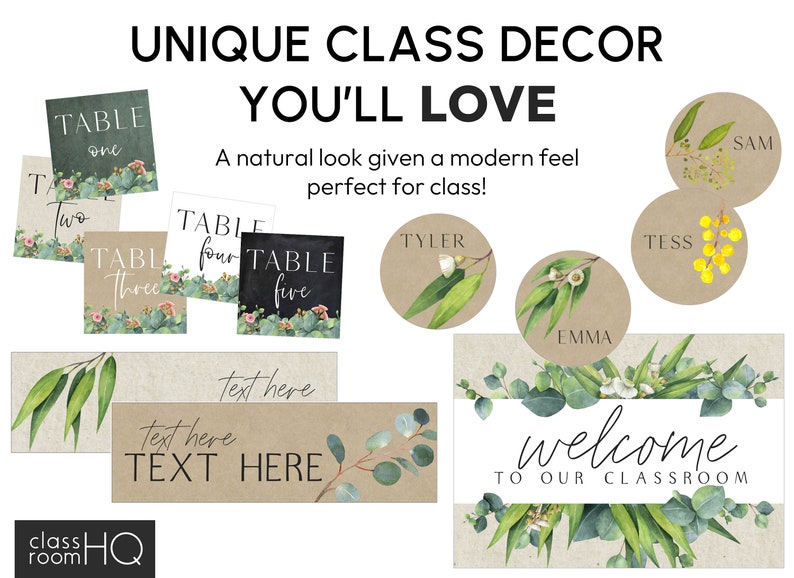 May include: A set of classroom decor featuring eucalyptus leaves and flowers. The set includes table numbers, name tags, and a welcome sign. The text on the welcome sign reads "Welcome to our classroom".