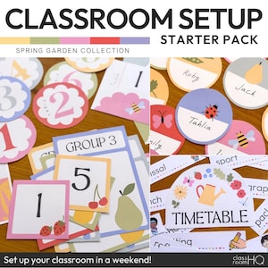 May include: A classroom setup starter pack with a spring garden theme. Includes colorful name tags, table numbers, and timetable cards. The cards feature illustrations of fruits, insects, and flowers. The text on the cards includes numbers, names, and the word "timetable".