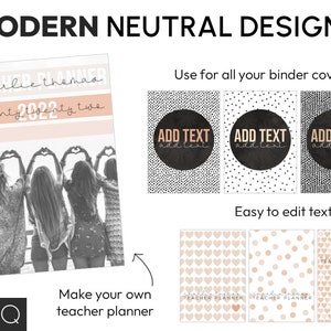 May include: A set of printable teacher planner covers with modern neutral designs. The covers feature black and white polka dots, hearts, and a black circle with the text "ADD TEXT add text". The covers are customizable with your own text.