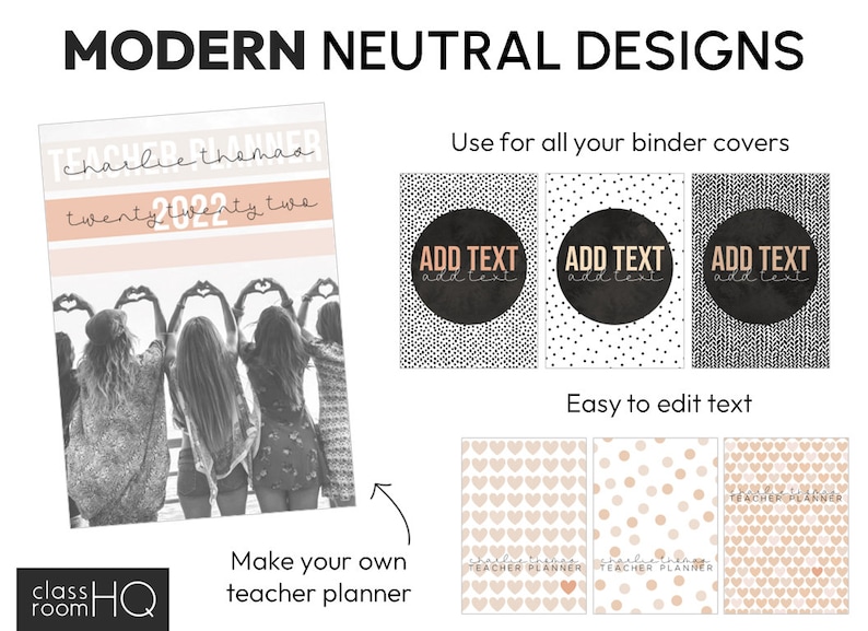 May include: A set of printable teacher planner covers with modern neutral designs. The covers feature black and white polka dots, hearts, and a black circle with the text "ADD TEXT add text". The covers are customizable with your own text.