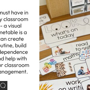 May include: A classroom visual timetable with cards that say "LOOK what's on today", "read to self", "maths", "work on writing", and more. The cards feature illustrations of children engaged in various activities.