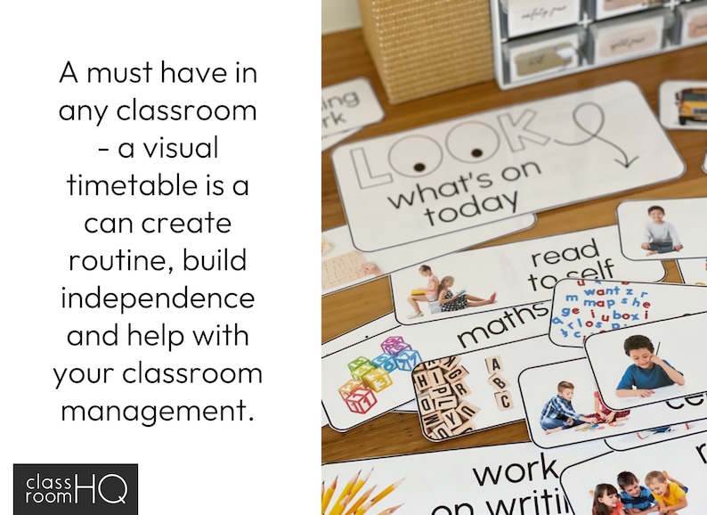 May include: A classroom visual timetable with cards that say "LOOK what's on today", "read to self", "maths", "work on writing", and more. The cards feature illustrations of children engaged in various activities.