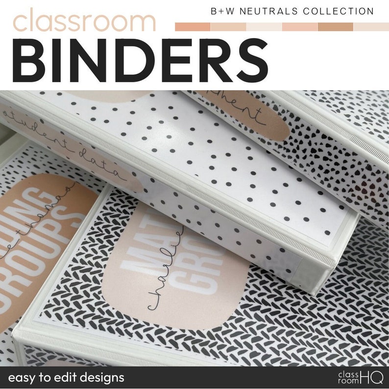 May include: Stack of white binders with black and white patterned covers. The covers feature different designs, including polka dots, a knit pattern, and a geometric pattern. The binders have labels with the text "student data", "learning groups", "math charlie group", and "assessment".