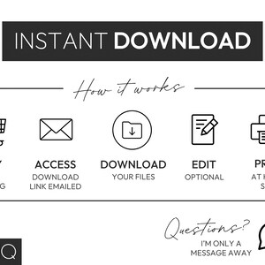 May include: An image with the text "INSTANT DOWNLOAD" at the top. Below, a diagram shows the steps: Buy, Access, Download, Edit (Optional), and Print. The text "Questions? I'm only a message away" is also included.