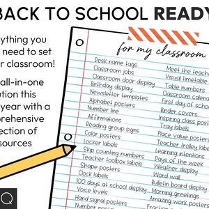 May include: A classroom resource list titled "Back to School Ready" with a yellow pencil and the text "for my classroom." The list includes desk name tags, classroom jobs, and more. The image also includes the text "Everything you might need to set up your classroom!"