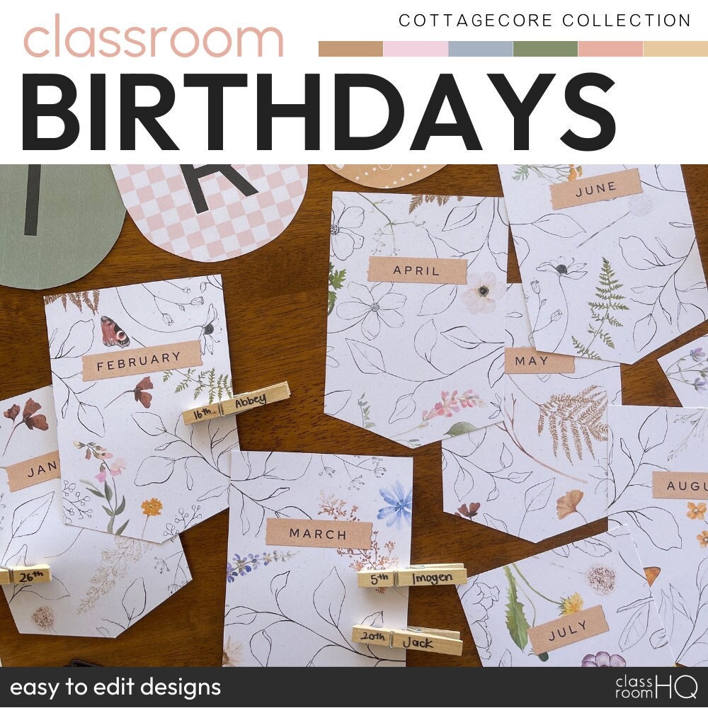 Vintage Cozy Natural Theme  Editable Class Birthday Bulletin Board Display Pack | COTTAGECORE Classroom Decor
