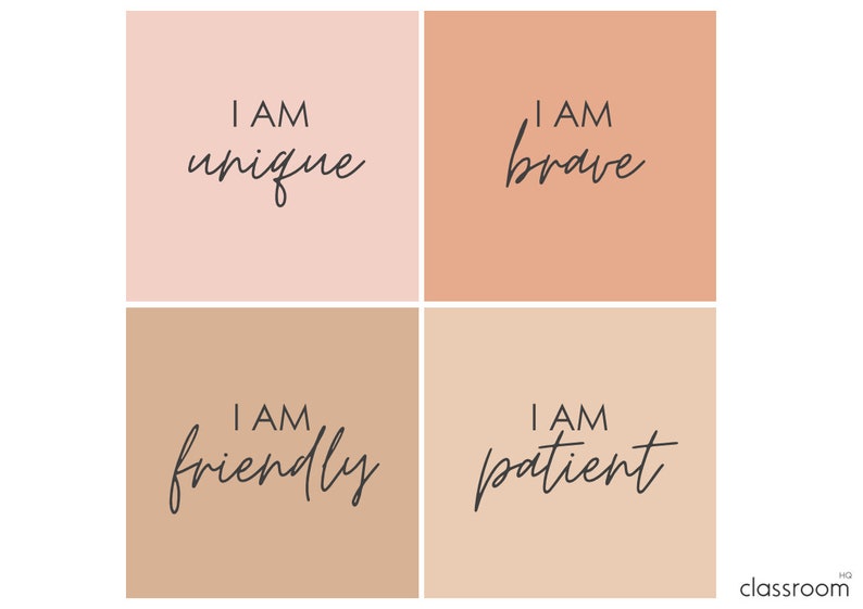 May include: Four square cards with positive affirmations. The cards are in shades of pink, peach, and brown. The text on the cards reads: "I am unique", "I am brave", "I am friendly", and "I am patient".