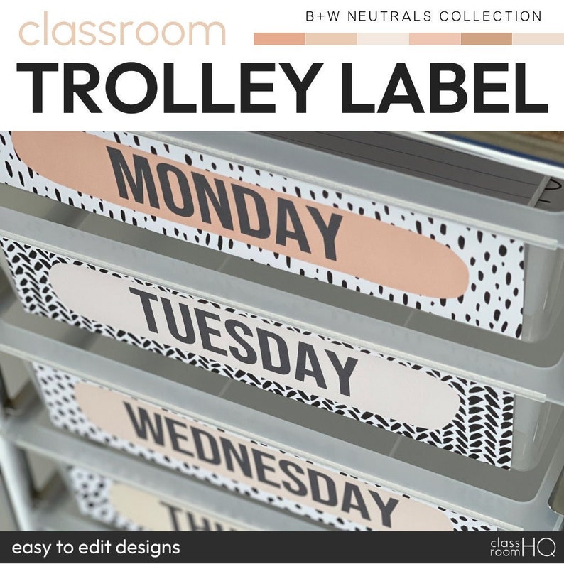 May include: Black and white patterned labels with a peach and cream colored oval for a classroom trolley. The labels are labeled with the days of the week: Monday, Tuesday, Wednesday, Thursday, and Friday.