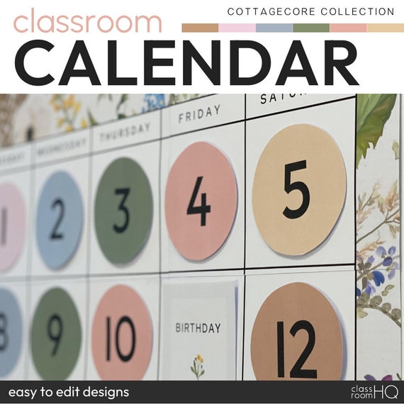 Editable Classroom Calendar Kit | Wall Calendar Display Bulletin Board | COTTAGECORE Floral Wildflower Theme | Classroom Organization System