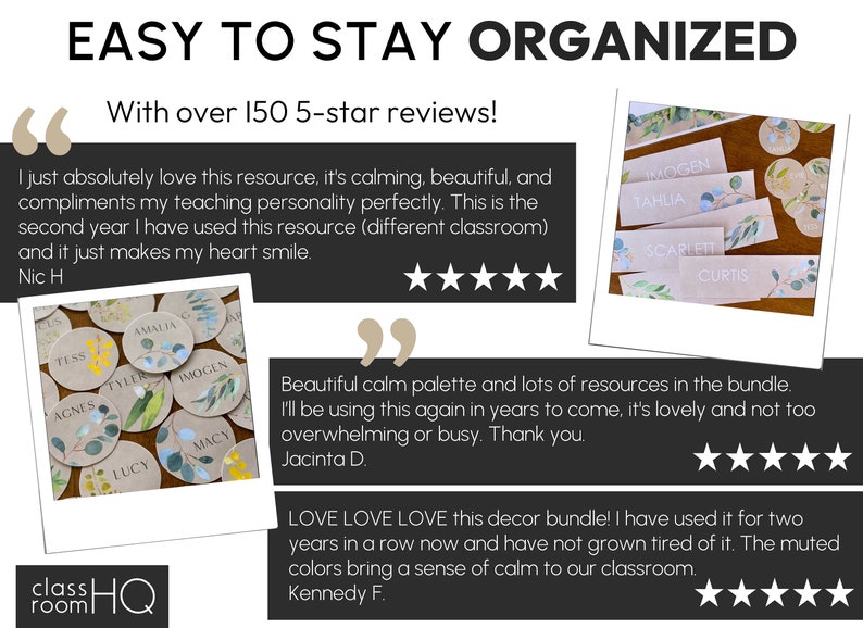 May include: A collage of positive reviews for a classroom decor bundle. The reviews highlight the calming and beautiful design, the abundance of resources, and the overall positive impact on the classroom environment. The image also includes a photo of the actual product, which features muted colors and a watercolor-like design.