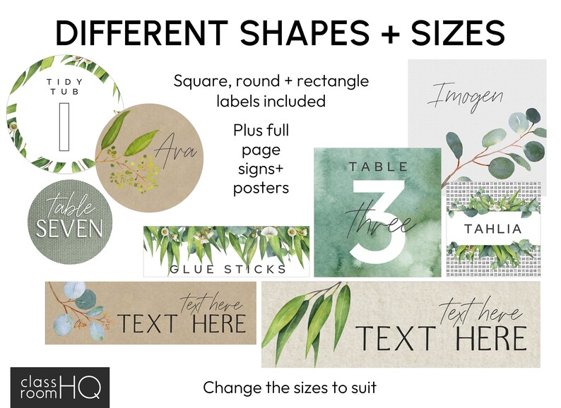 May include: A set of printable table number and name tags with a eucalyptus leaf design. The tags are in various shapes and sizes, including round, square, and rectangular. The text "Table Seven", "Tidy Tub", "Ava", "Imogen", "Table Three", and "Tahlia" is included on the tags. The text "Glue Sticks" is also included on a banner with eucalyptus leaves. The text "Text Here" is included on two rectangular banners with eucalyptus leaves. The text "Change the sizes to suit" is included at the bottom of the image.
