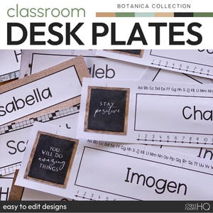 Etiquetas editables para pupitres / Etiquetas para pupitres de alumnos / Decoración botánica neutra para el aula / BOTÁNICA