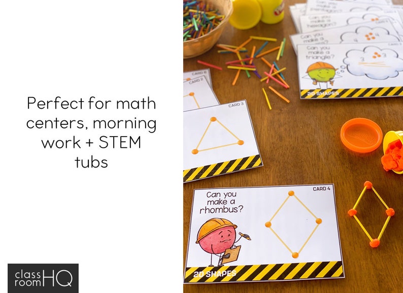 May include: A set of four printable cards with instructions to make geometric shapes using craft sticks. The cards feature a construction worker cartoon character and the text "Can you make a triangle?" and "Can you make a rhombus?"