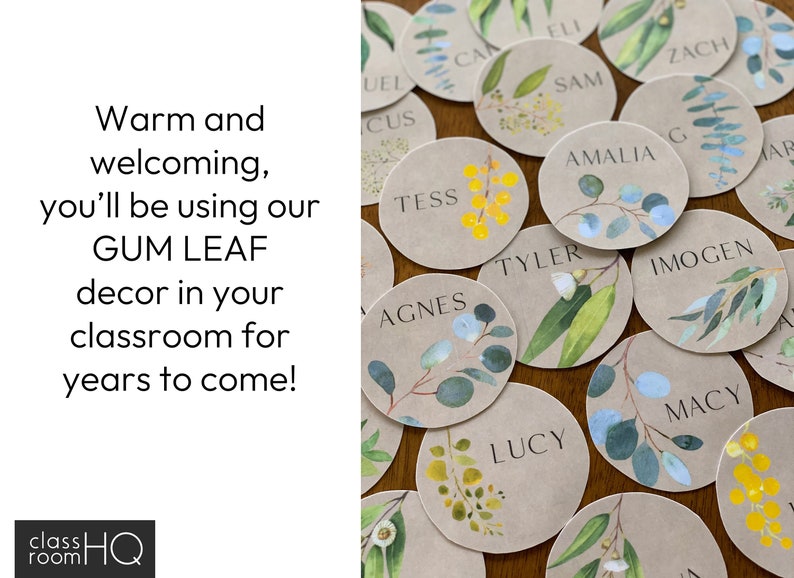 May include: A collection of round, brown paper name tags with watercolor illustrations of eucalyptus leaves and flowers. The names Eli, Cam, Zach, Sam, Amalia, Tess, Tyler, Agnes, Imogen, Lucy, and Macy are written in black ink on the tags.