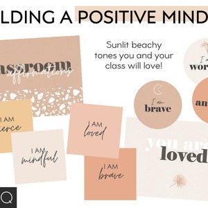 May include: Classroom affirmations printable posters with positive messages like "I am fierce", "I am mindful", "I am loved", "I am brave", "I am worthy", and "I am amazing". The posters have a beige and white terrazzo pattern and are perfect for a classroom or home.